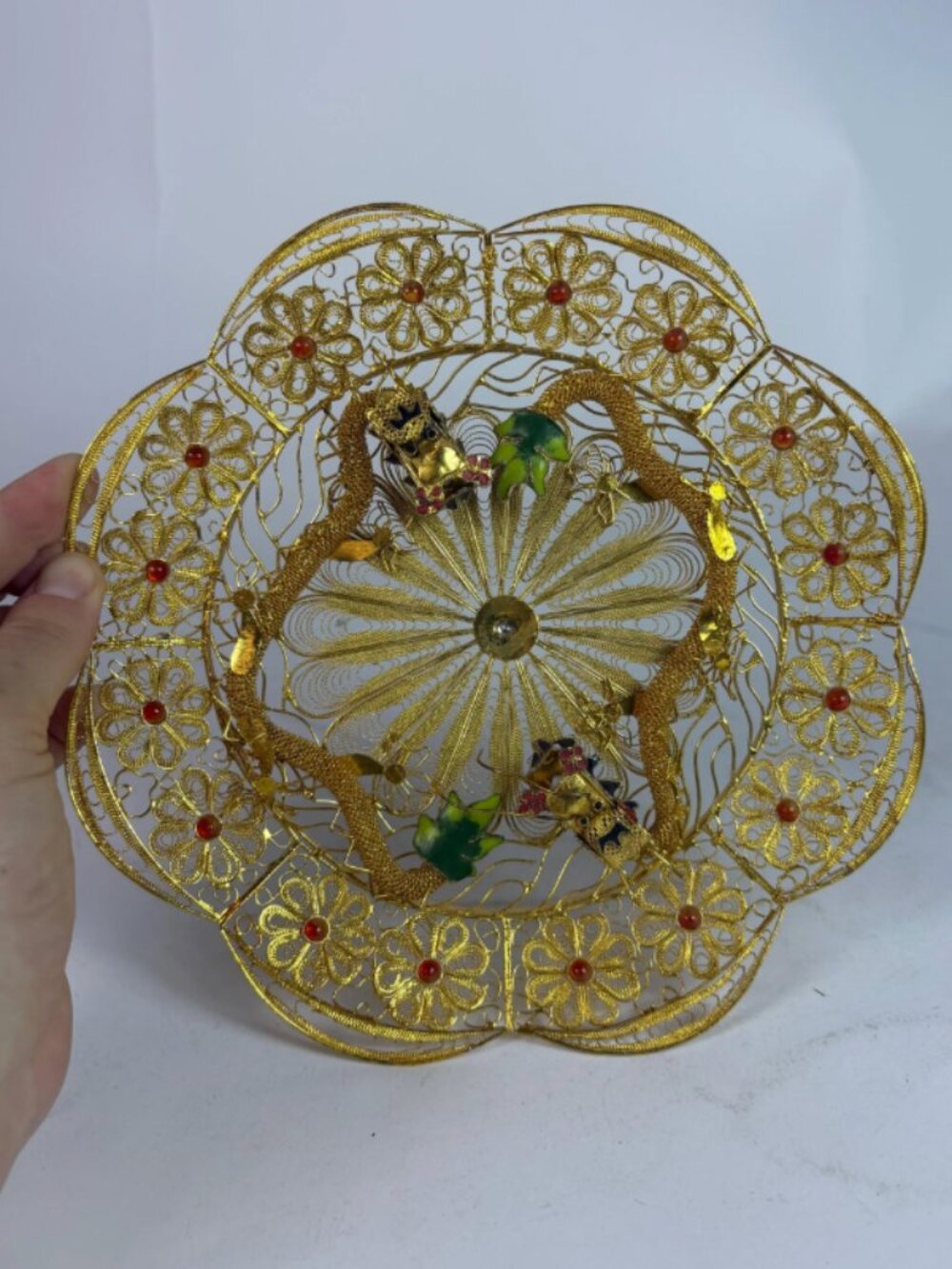 Ornate Vintage Chinese Filigree Raised Dragon Gold Gilt Decor Piece